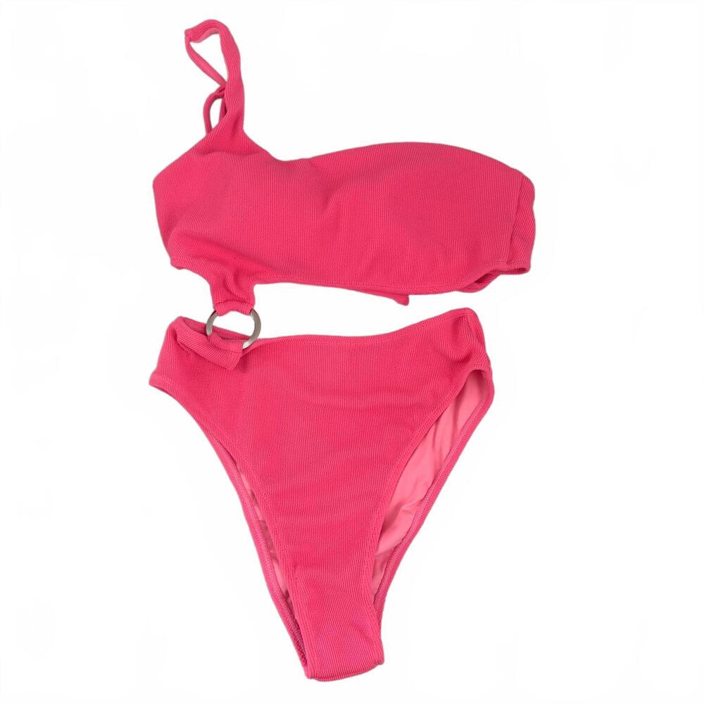 Lulu’s | NWT Bright Neon Hot‎ Pink SwimSuit Bikini Silver Ring One Shoulder Sz L